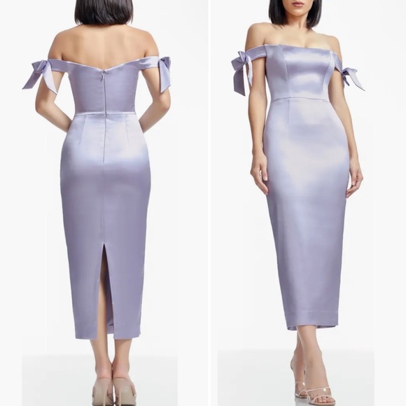 Dress The Population Verona Off the Shoulder Satin Midi Cocktail Dress Large - Picture 2 of 13